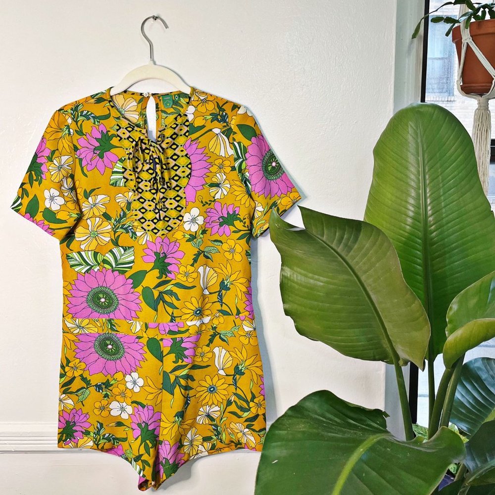 (FARM RIO) Yellow & Floral Short Jumpsuit (Overalls)